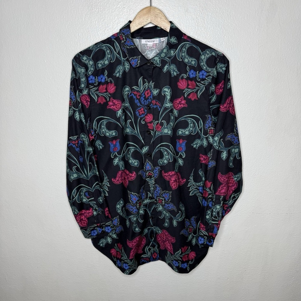 Chicos Long Sleeve Button Up Black Pink Floral Top Shirt Size 2 Women's US‎ 12
